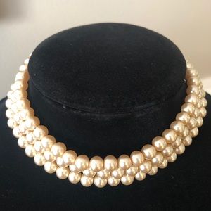 Vintage Three Strand Pearl-like beaded Choker Necklace with Jeweled Brooch/Clasp